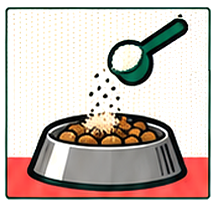 A green scoop sprinkling 3 grams of powder over a bowl of dog food