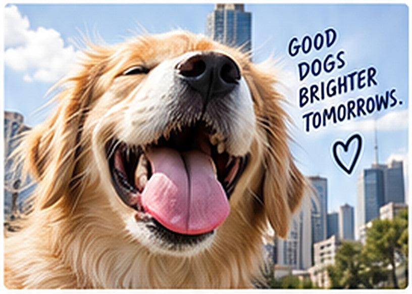A happy golden retriever smiling in front of a city skyline